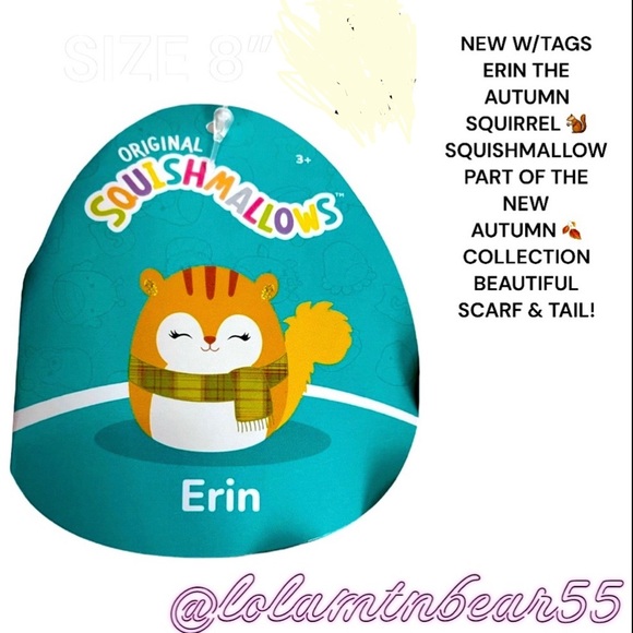 NWT ERIN THE SQUIRREL SQUISHMALLOW W/SCARF-PART OF THE NEW AUTUMN COLLECTION 5โ - Picture 6 of 6